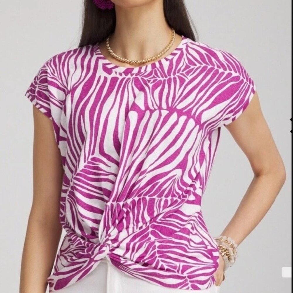 Chico’s Jungle Inverted Knot Front Top Blouse Cap Sleeve Size 2